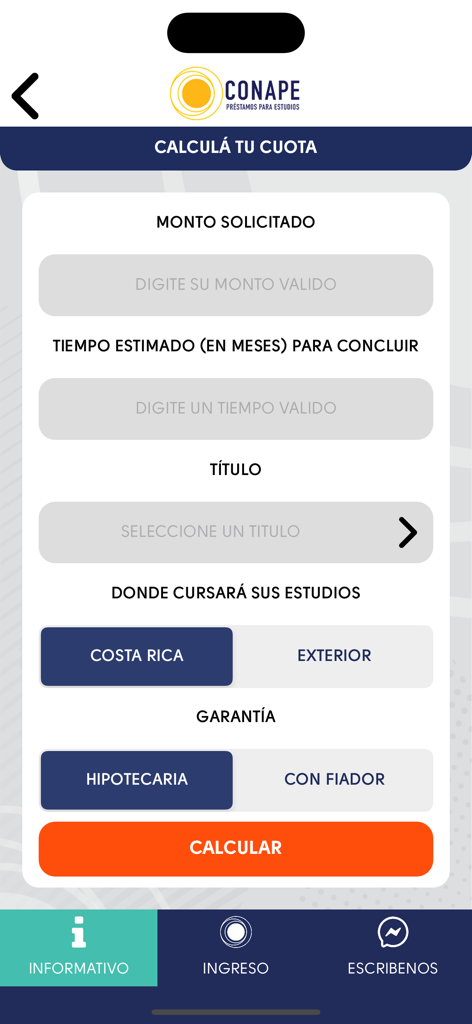 Conape mobile app screen showing a student loan installment calculator with fields for amount and location of studies