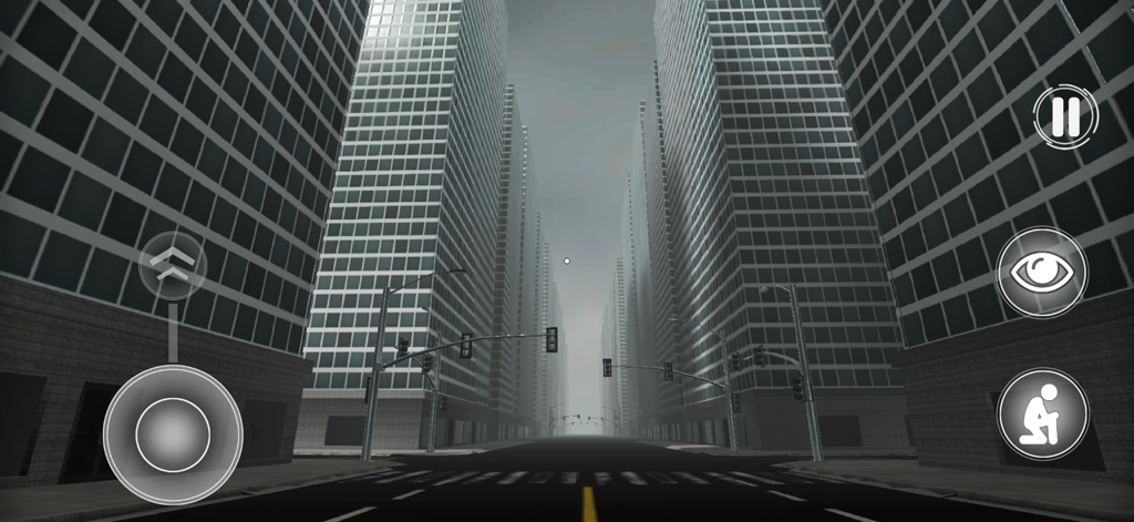 First person perspective of an empty street surrounded by skyscrapers in Level 11 of Backrooms