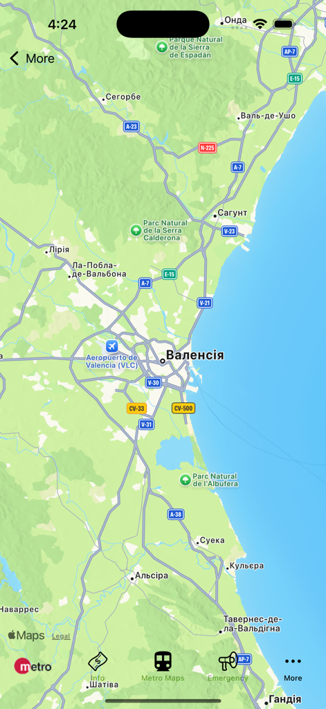 Una vista general geográfica de Valencia, España, y las regiones circundantes dentro de la interfaz de la aplicación Valencia Subway Map