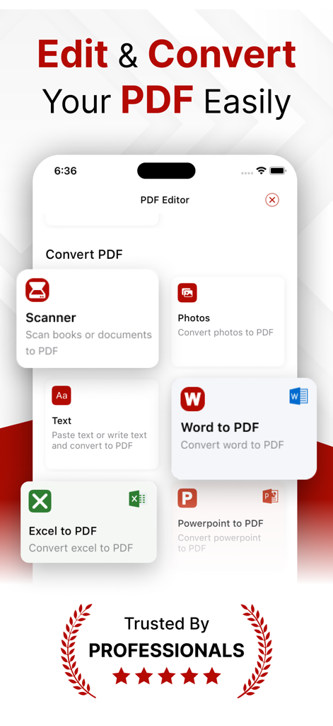 PDF Editor: Fill, Edit, Sign - Interface of the PDF Editor app showing various conversion tools including scanner, word, excel, and powerpoint to PDF options