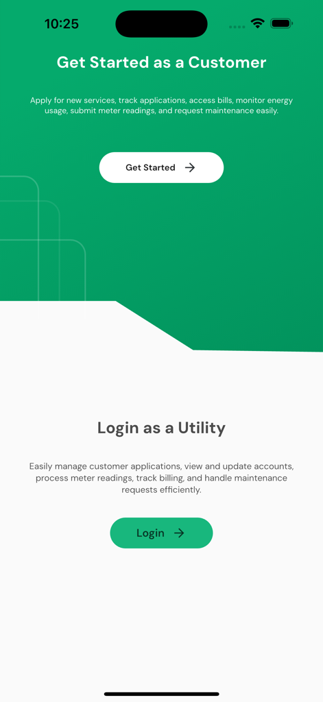 CAIMSアプリインターフェイス、顧客開始とユーティリティログインの2つのセクションを表示