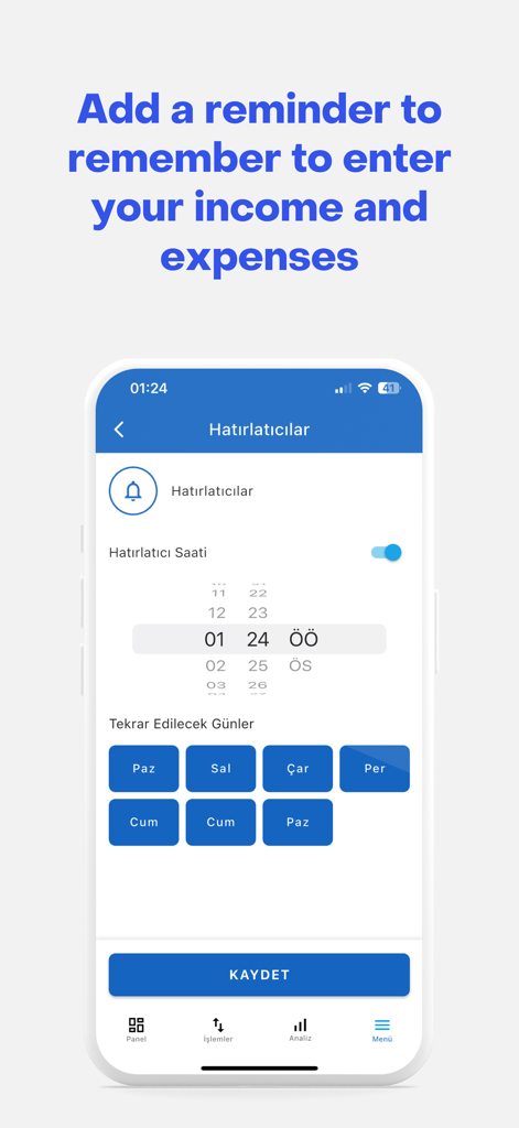 Interface of the Money Manager app showing the feature to set daily or weekly reminders for tracking income and expenses.