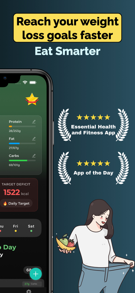 Carb Cycling Tracker・Carbner - Carbner app dashboard showing macro tracking and calorie goals for weight loss.