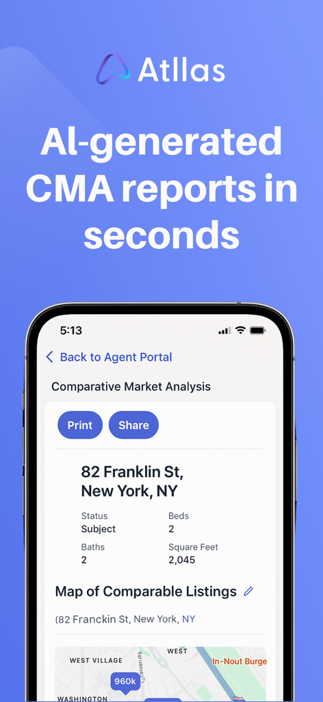 Atllas app interface showing an AI-generated Comparative Market Analysis report for a New York real estate property
