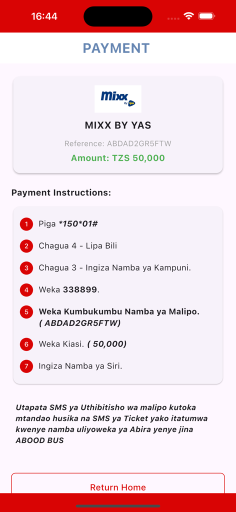 Abood Bus app payment instruction screen for Mixx by Yas with step-by-step guide