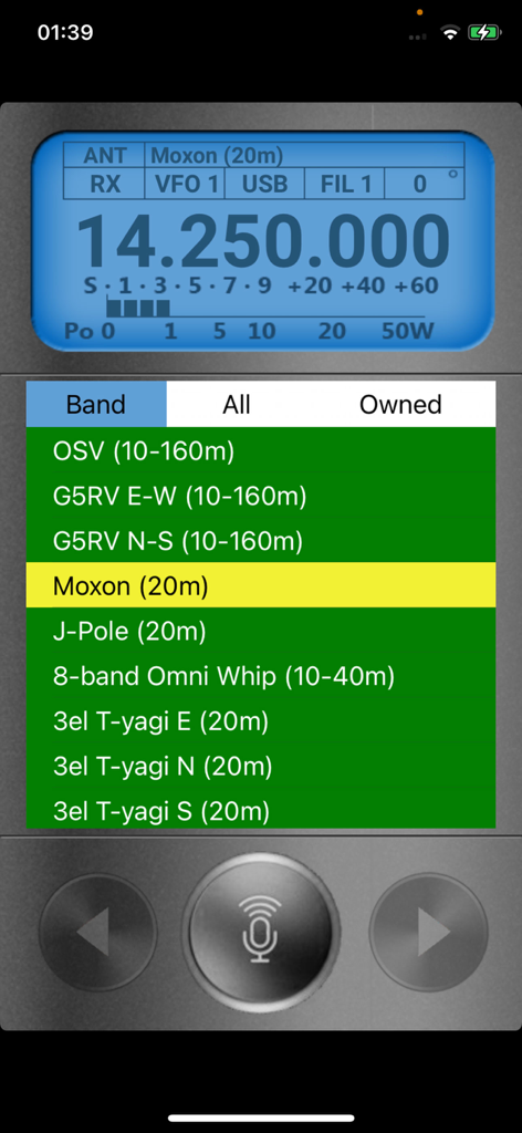 HamSphere 5.0 - HamSphere 5.0 app interface showing antenna selection list with Moxon 20m highlighted and digital frequency display.