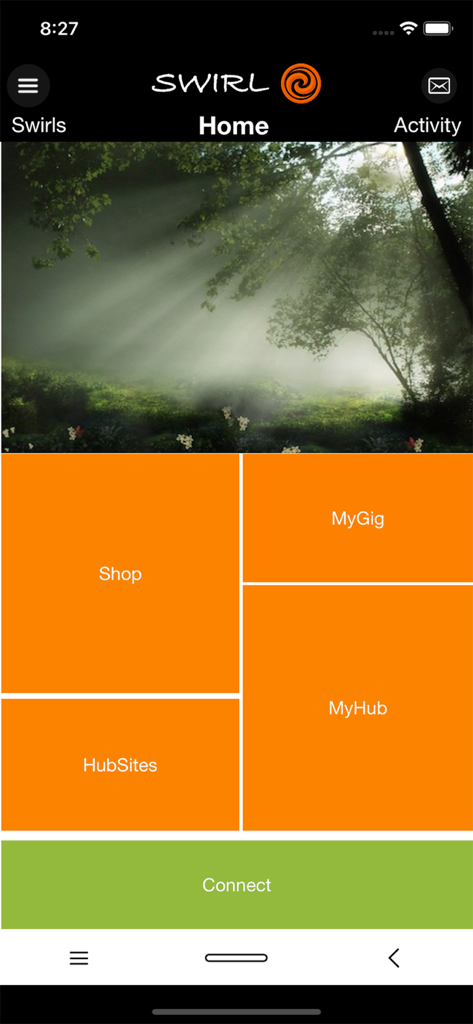 Swirl App - Swirl app home screen interface showing navigation tiles for Shop, MyGig, HubSites, and MyHub