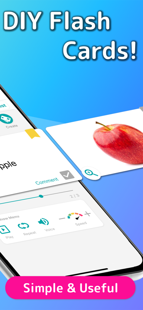 WordHolic | DIY Flash Cards! - WordHolic app interface showing a custom flashcard with an image of an apple and study playback controls