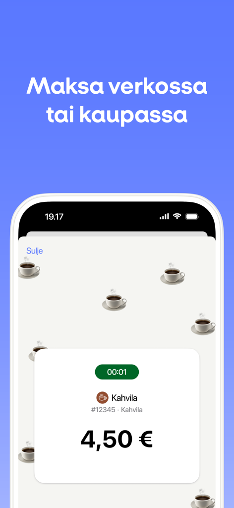MobilePay - MobilePay app screen showing a payment confirmation for a cafe purchase in euros