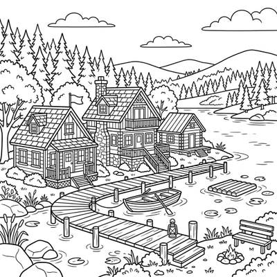 Journey to a serene lakeside retreat with this charming coloring page, perfect for young artists. Explore quaint cottages, a wooden dock, and a peaceful boat awaiting your creative touch.