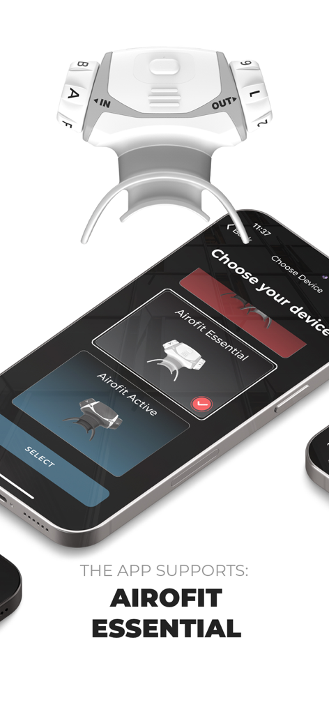Airofit - Smartphone showing the Airofit app device selection screen for connecting the breathing trainer hardware