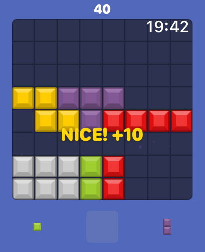 점수 팝업이 있는 다채로운 블록 격자를 보여주는 Apple Watch의 Block Blast 게임 플레이