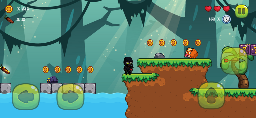 Archer's World - Gameplay screen of Archer's World mobile game showing a 2D platformer level in a forest
