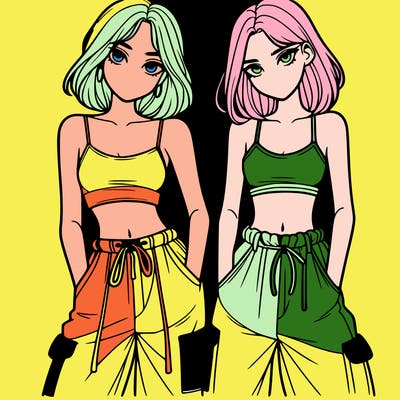 two girls with crop top with baggy pants
