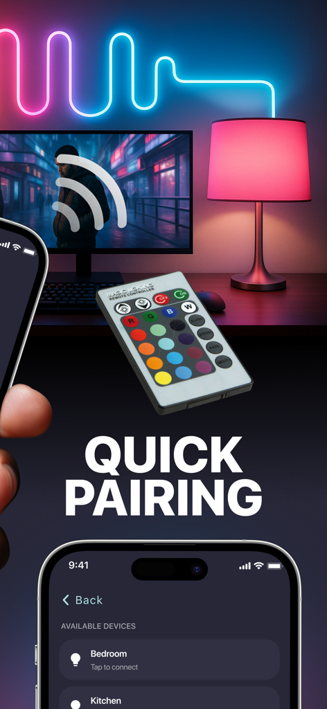 LED Light Controller Universal - Tela do smartphone mostrando o recurso de pareamento rápido para conectar luzes inteligentes no quarto e na cozinha