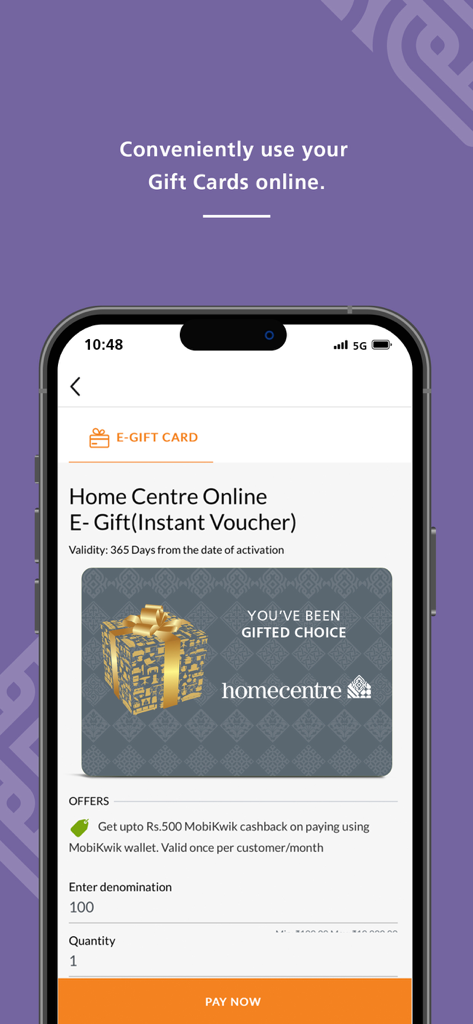 Home Centre India app screen for purchasing an e-gift voucher