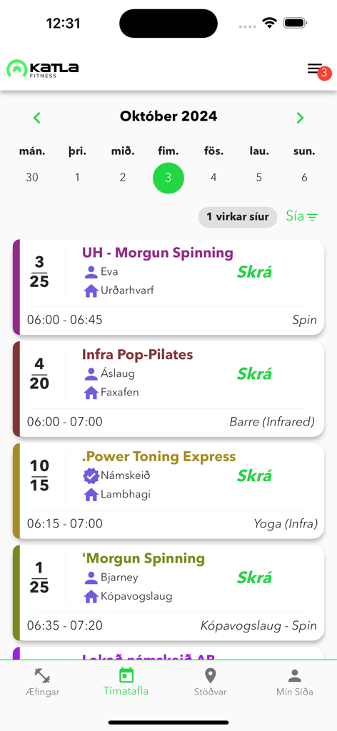 Katla Fitness - Katla Fitness mobile app interface showing a daily class schedule with options to register for spinning and pilates