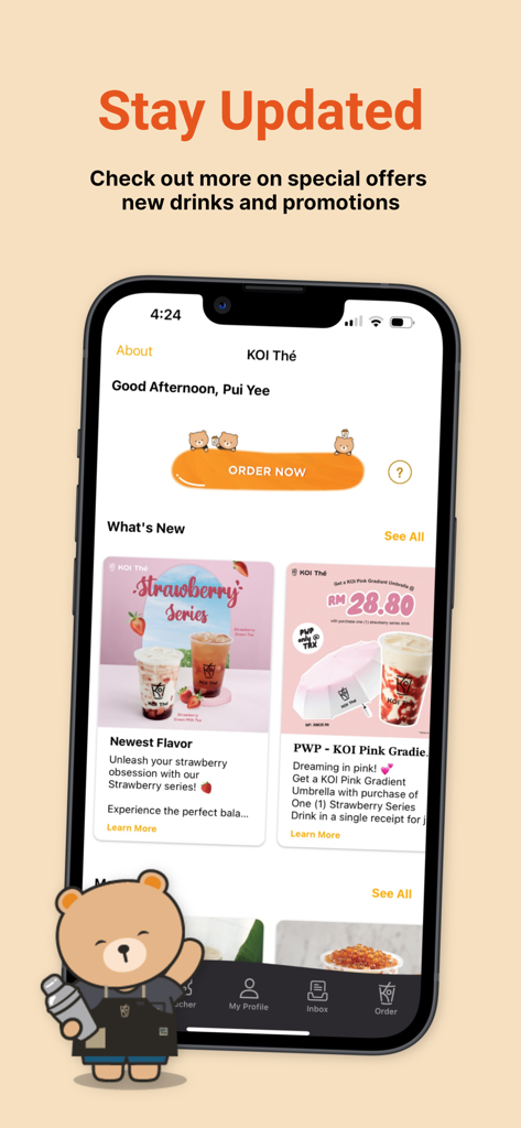 KOI Thé Malaysia - KOI Thé Malaysia app homepage showing latest beverage promotions and exclusive merchandise offers on an iPhone