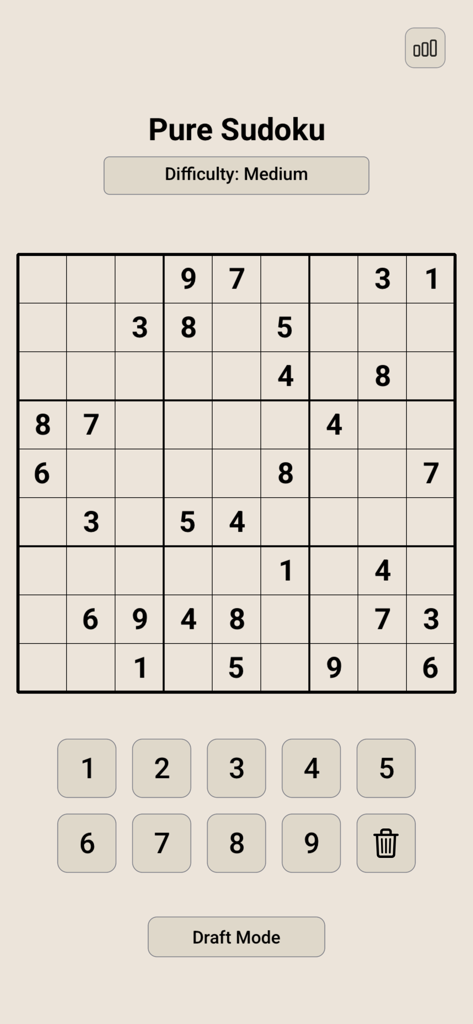 Sudoku – Pure & Ad-Free - Minimalist Sudoku game interface with a clean grid layout and medium difficulty level.