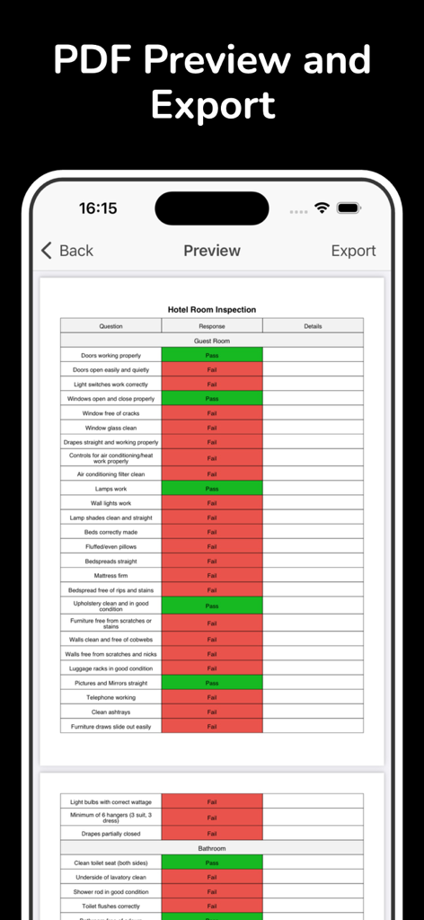 Inspection & Checklist - QAQC - Mobile app screen showing a PDF preview of a hotel room inspection report with color-coded pass and fail results