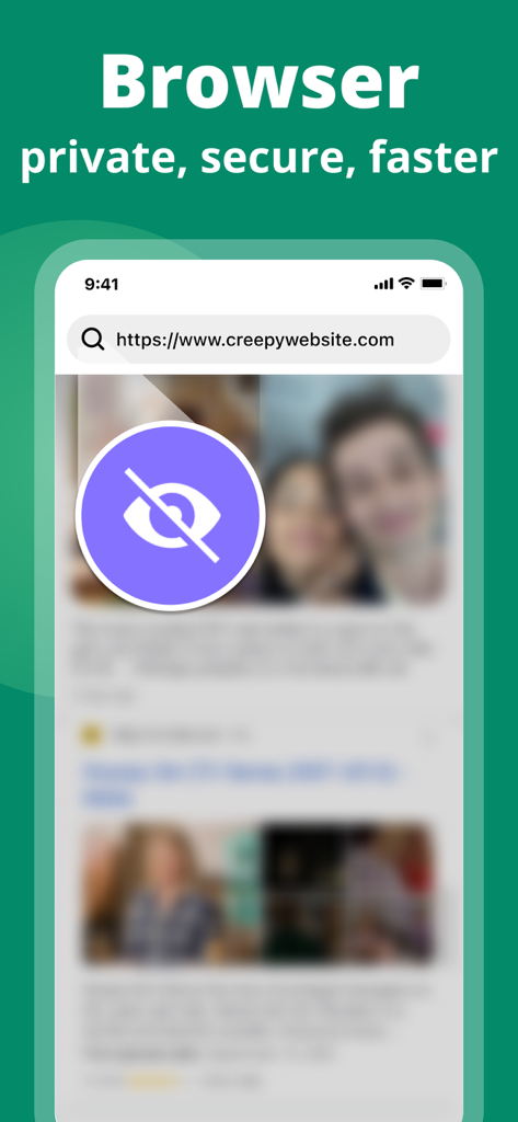 Phone CleanerㆍClean Up Storage - Pantalla de smartphone que muestra una función de navegador web privado y seguro con un icono de ojo de incógnito.