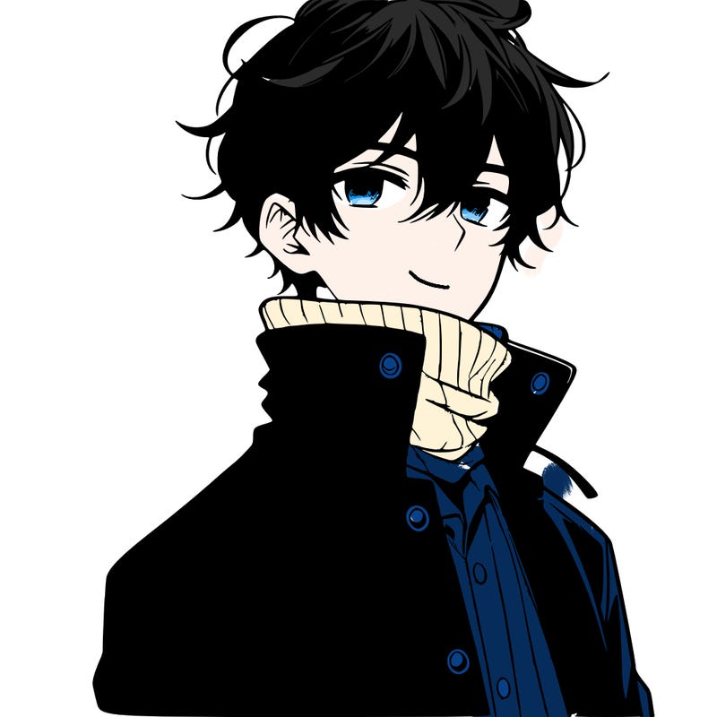 anime boy, black hair,button up jacket covering neck.