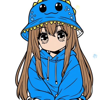 girl with anime shaped eyes with a dinosaur bucket hat oversized sweatshirt long straight hair