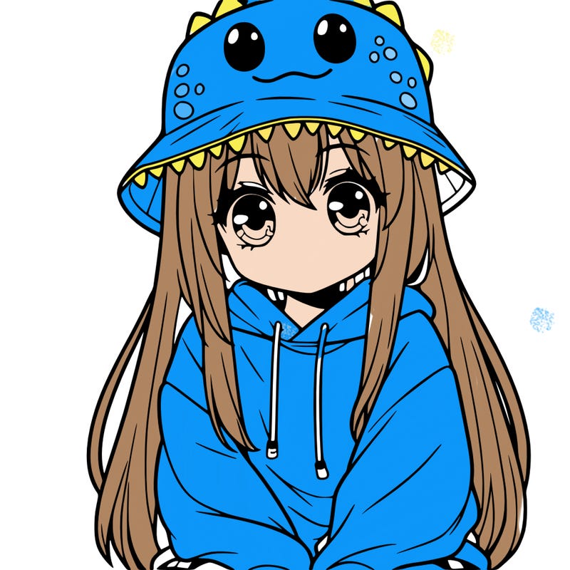 girl with anime shaped eyes with a dinosaur bucket hat oversized sweatshirt long straight hair