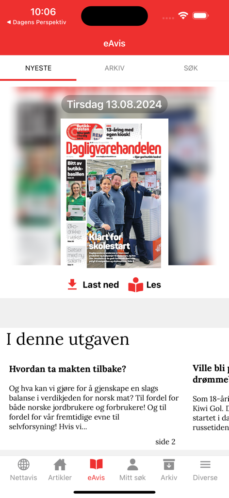 Dagligvarehandelen - A screenshot of the Dagligvarehandelen mobile app showing the digital newspaper edition for grocery trade professionals