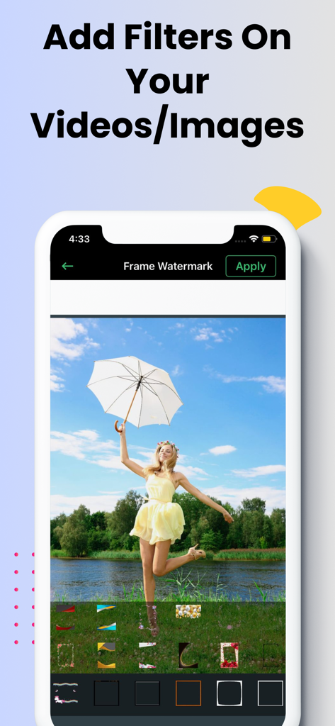 Water Mark Photo:Add Watermark - Interfaccia di un'app mobile che mostra come aggiungere filtri e cornici decorative a una foto