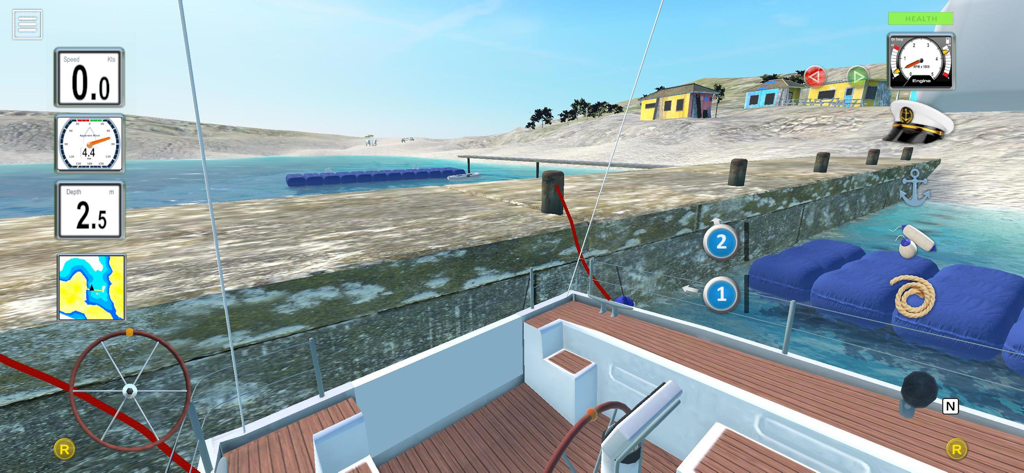 Dock your Boat 3D - A first-person yacht docking simulation showing marine instruments and a realistic harbor environment