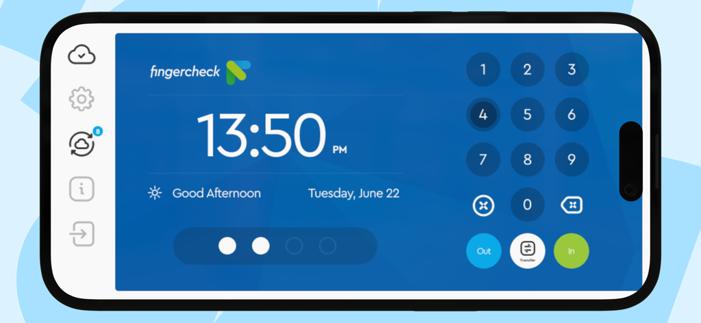 Fingercheck Time Clock - Interfaz de la aplicación móvil Fingercheck Time Clock que incluye un reloj digital, un teclado numérico y botones de entrada y salida.
