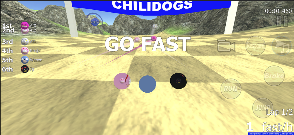 Sanic Ball - Gameplay screen of Sanic Ball racing game with Go Fast text and meme characters