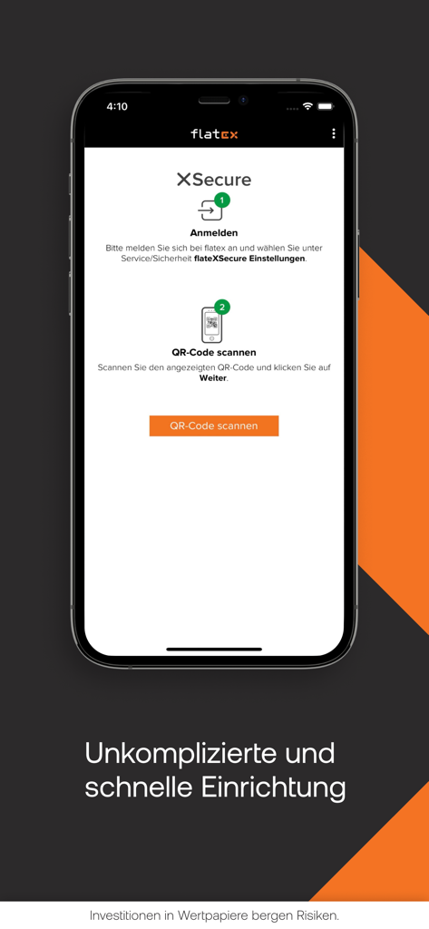flateXSecure app screen showing the two-step setup process including login and QR code scanning for secure transactions