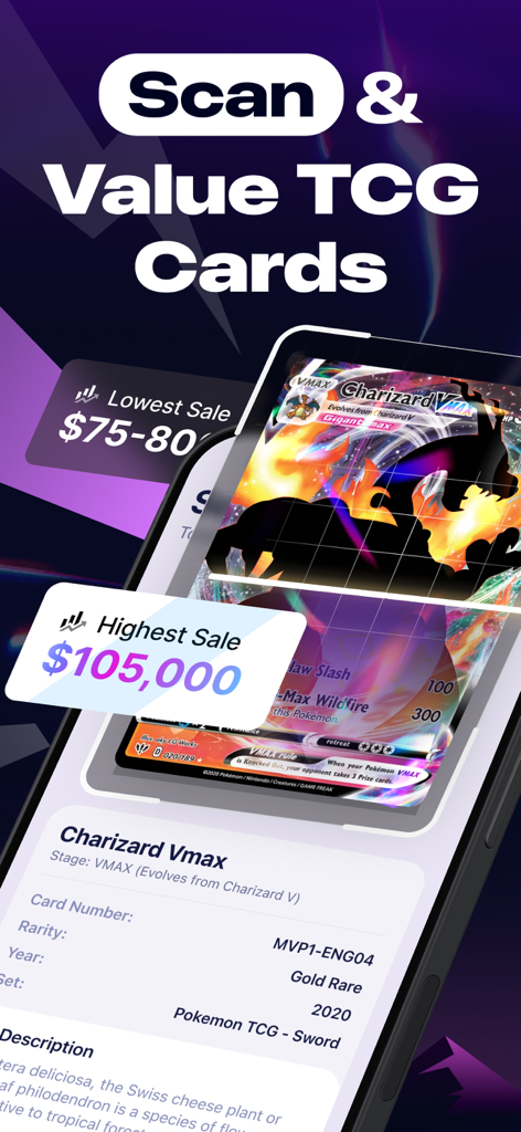 TCGSnap: Card Value Scanner - A smartphone scanning a Charizard card to display its market value and price history