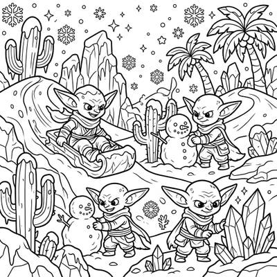 Embark on an extraordinary coloring adventure where desert dwellers meet a snowy fantasy! This whimsical page features cute goblins enjoying winter activities amidst a frosty landscape.