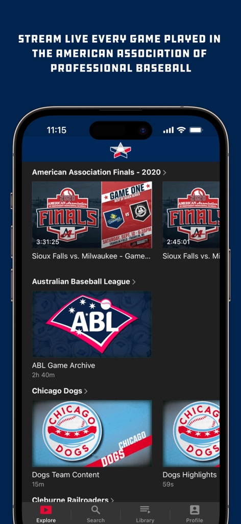 American Association TV - Explore screen of the American Association TV app with baseball game videos