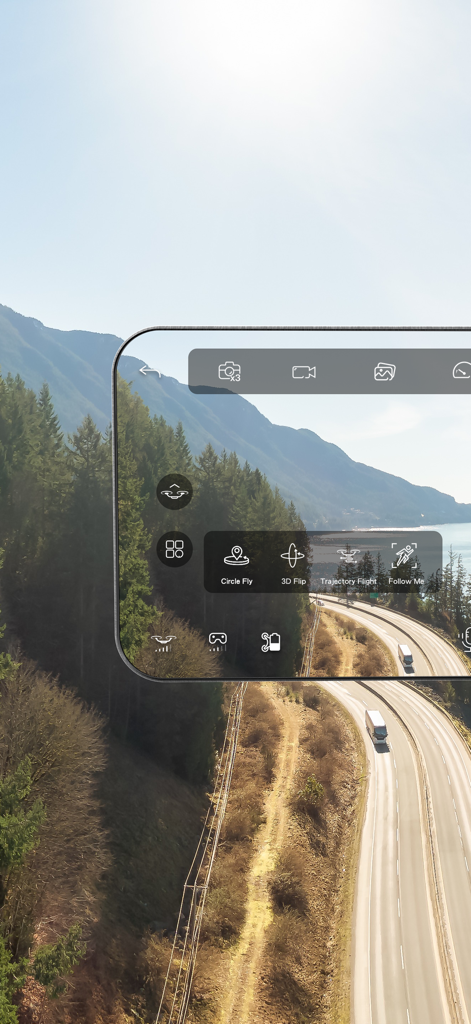 AMETA Drone - AMETA Drone app showing flight modes like Follow Me and Circle Fly over a mountain landscape