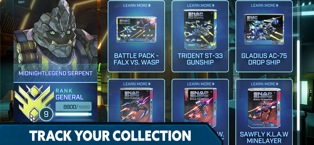 A digital collection screen in the Snap Ships app showing various ship packs and a user profile with general rank