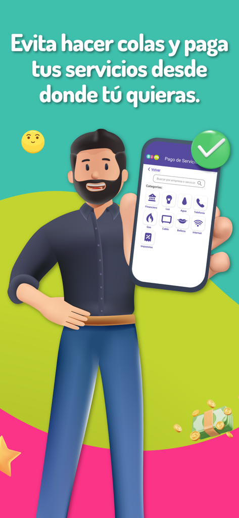 Bim - Um homem de desenho animado segurando um smartphone que exibe a tela de pagamento de contas do aplicativo Bim com várias categorias de serviços.