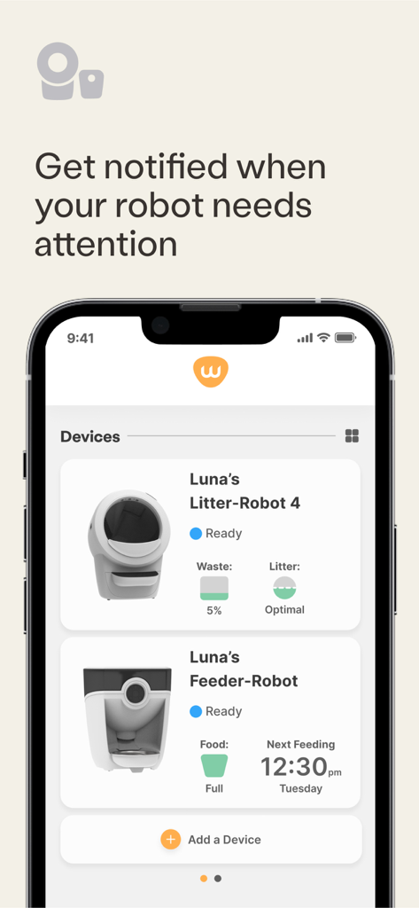 Interfaccia dell'app Whisker che mostra lo stato e i livelli di manutenzione per Litter-Robot e Feeder-Robot
