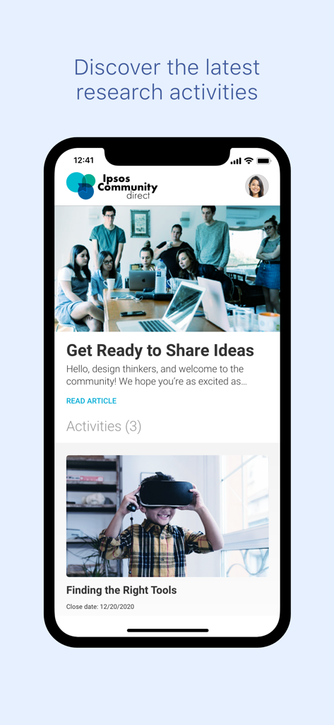 Ipsos Community Direct - Ipsos Community Direct mobile app interface displaying a feed of market research activities and discussion boards