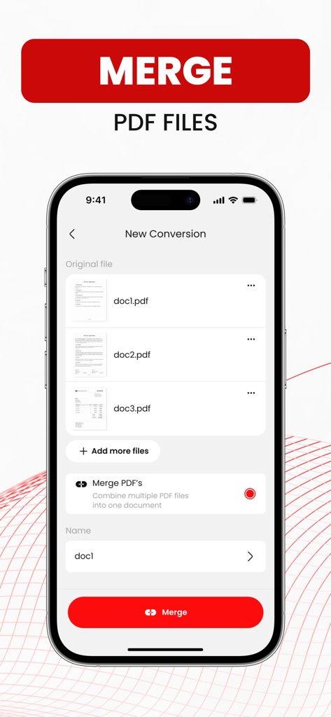 An iPhone screen displaying the merge PDF feature with a list of documents and a red merge button