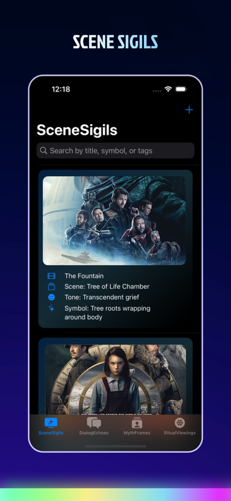 Interface of the Multi Television 2025 app showing the Scene Sigils feature with a detailed film reflection entry for The Fountain