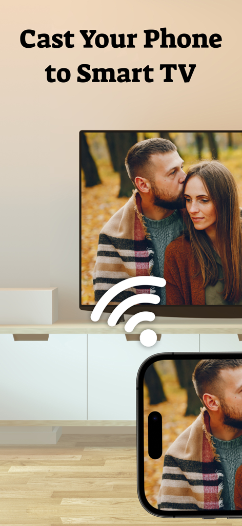 AirPlay : Screen Mirroring - Um smartphone transmitindo a foto de um casal para uma TV inteligente grande usando o aplicativo Screengo
