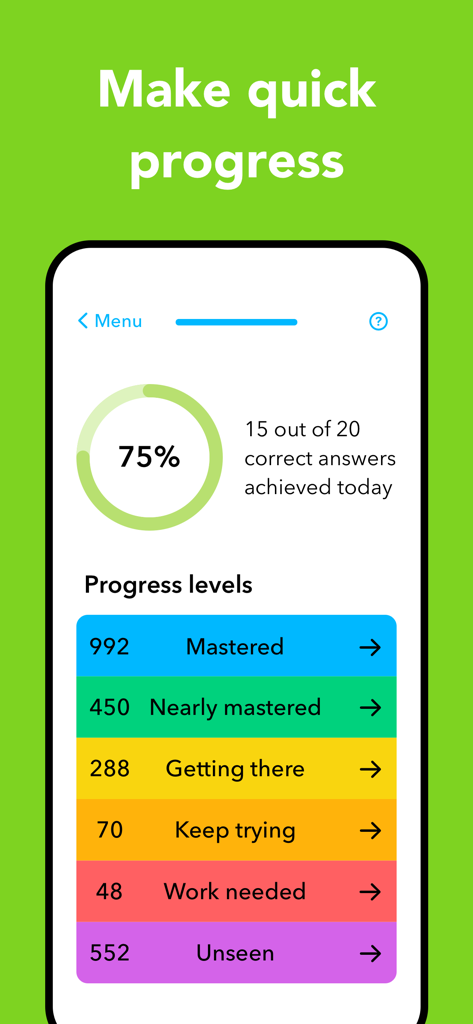 WordPal app interface showing vocabulary progress levels from mastered to work needed