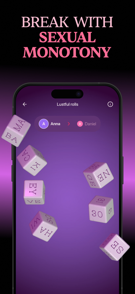 Captura de pantalla del juego de dados sexuales Lustful Rolls en la app Fuego para parejas