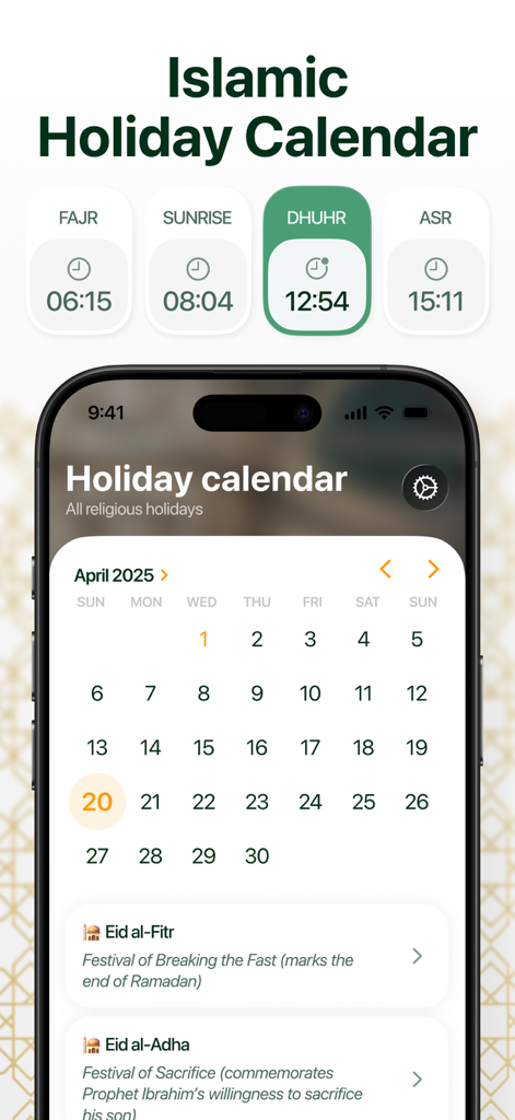 Qibla Finder & Mecca Compass - Une interface d'application mobile affichant un calendrier des fêtes islamiques avec les dates mensuelles, les heures de prière et les fêtes religieuses comme l'Aïd al-Fitr.