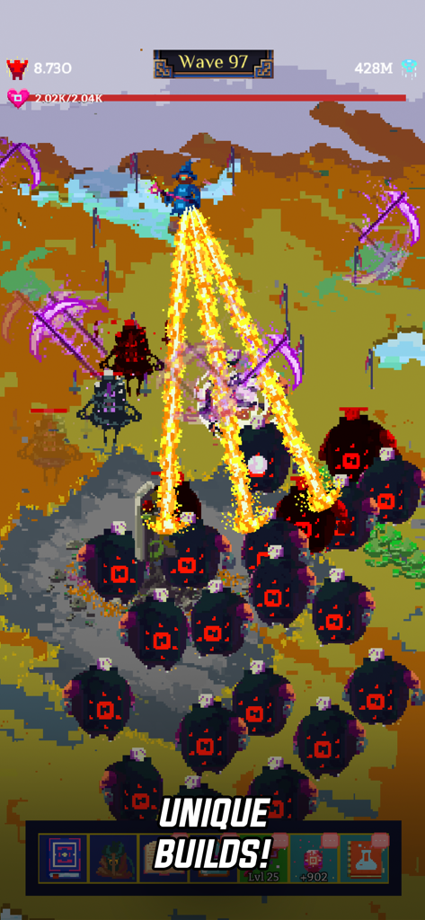 Tap Wizard 2: Idle Magic Game - Pixel art wizard casting powerful magic beams at a horde of enemies in Tap Wizard 2.