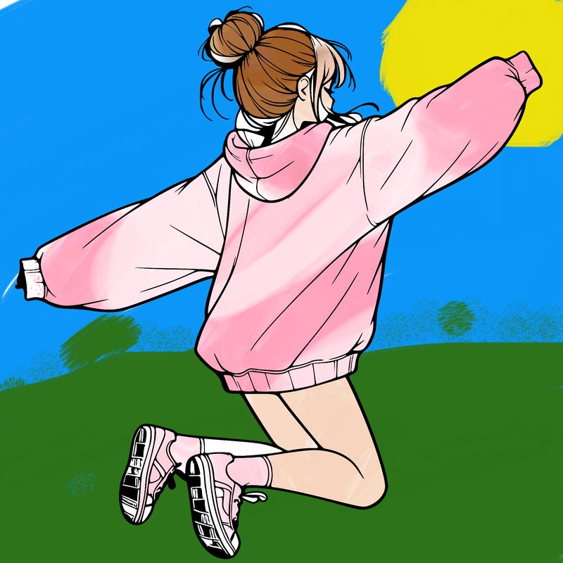 realistic girl jumping with a bun and oversized sweatshirt